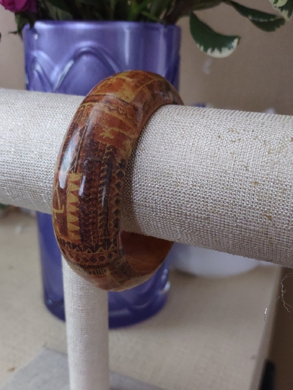 Vintage Brown Patterned Wooden Bangle Bracelet